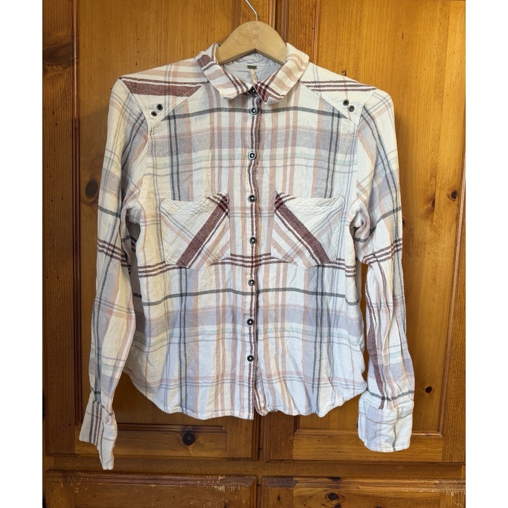 Free People Women's S Multicolor Plaid Flannel Distressed Shirt Long Sleeve
